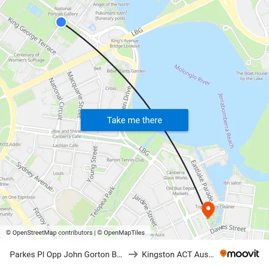 Parkes Pl Opp John Gorton Building to Kingston ACT Australia map