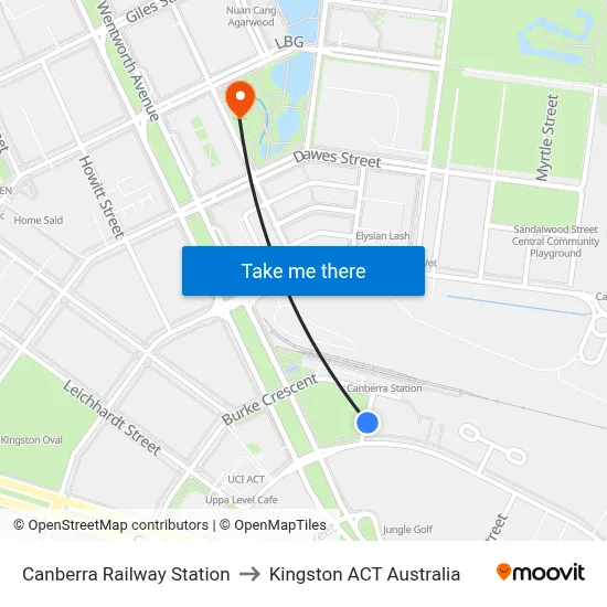 Canberra Railway Station to Kingston ACT Australia map