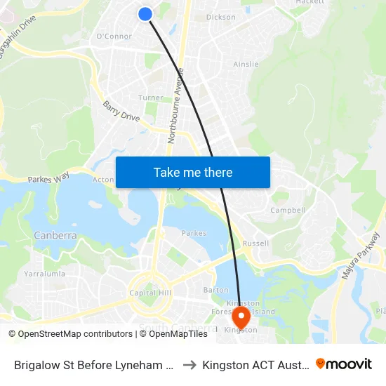 Brigalow St Before Lyneham Shops to Kingston ACT Australia map