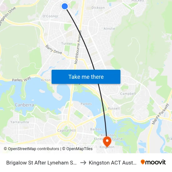 Brigalow St After Lyneham Shops to Kingston ACT Australia map