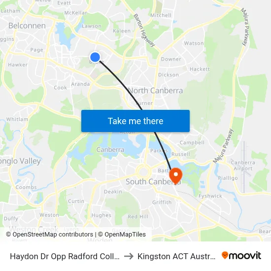 Haydon Dr Opp Radford College to Kingston ACT Australia map