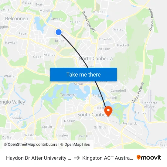 Haydon Dr After University Dr to Kingston ACT Australia map