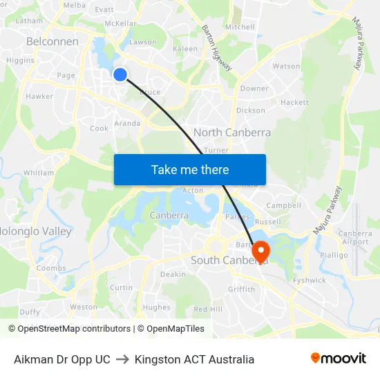 Aikman Dr Opp UC to Kingston ACT Australia map