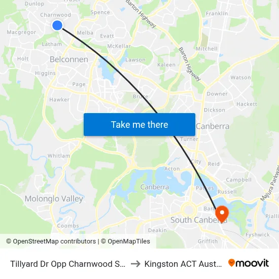 Tillyard Dr Opp Charnwood Shops to Kingston ACT Australia map