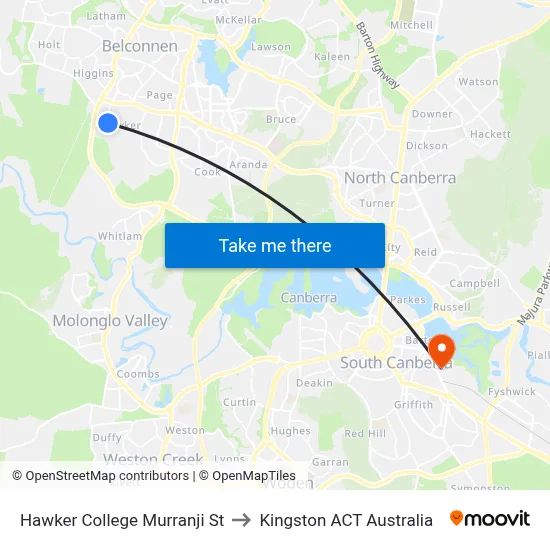 Hawker College Murranji St to Kingston ACT Australia map