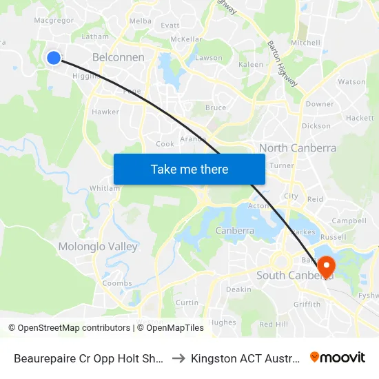 Beaurepaire Cr Opp Holt Shops to Kingston ACT Australia map