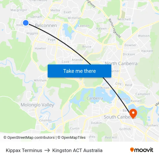 Kippax Terminus to Kingston ACT Australia map