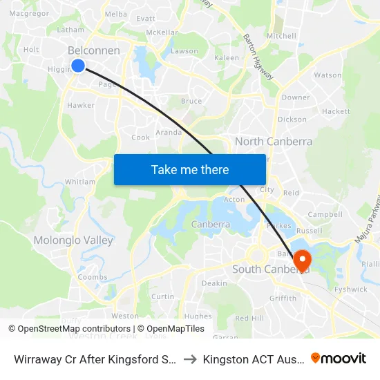 Wirraway Cr After Kingsford Smith Dr to Kingston ACT Australia map