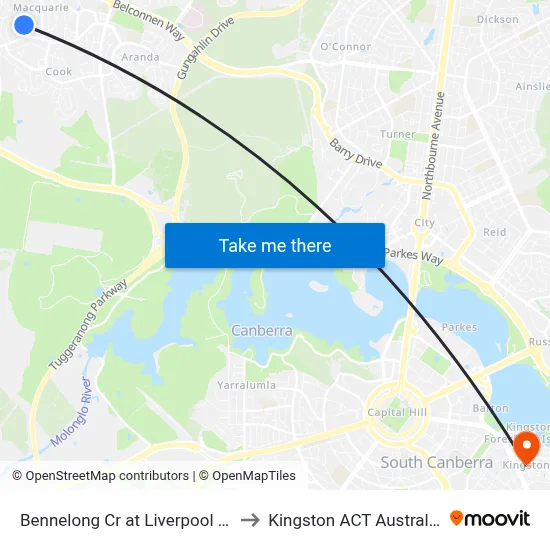 Bennelong Cr at Liverpool St to Kingston ACT Australia map