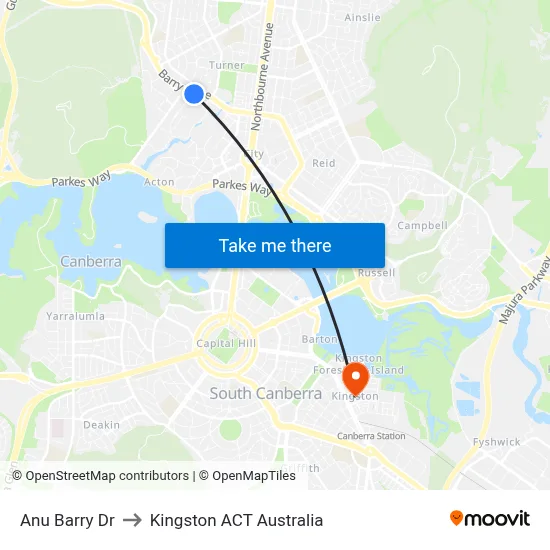 Anu Barry Dr to Kingston ACT Australia map
