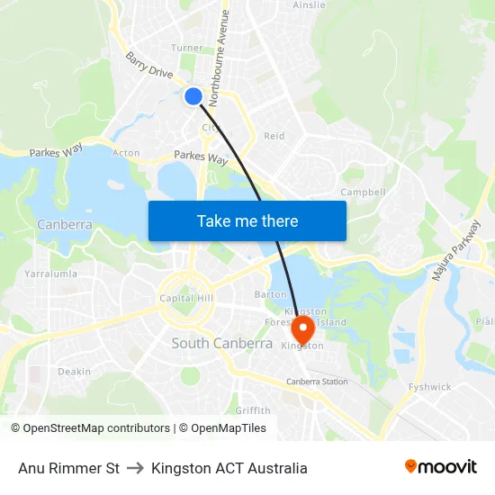 Anu Rimmer St to Kingston ACT Australia map
