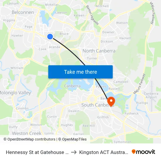 Hennessy St at Gatehouse Pl to Kingston ACT Australia map