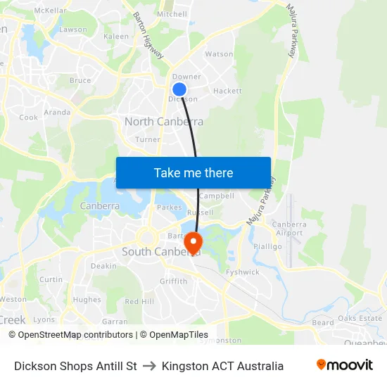 Dickson Shops Antill St to Kingston ACT Australia map