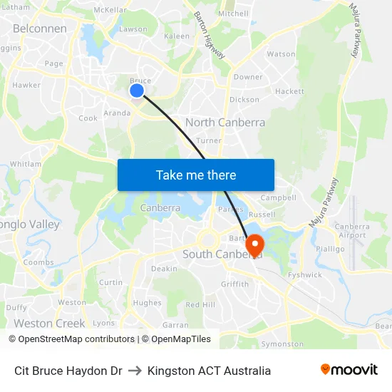 Cit Bruce Haydon Dr to Kingston ACT Australia map