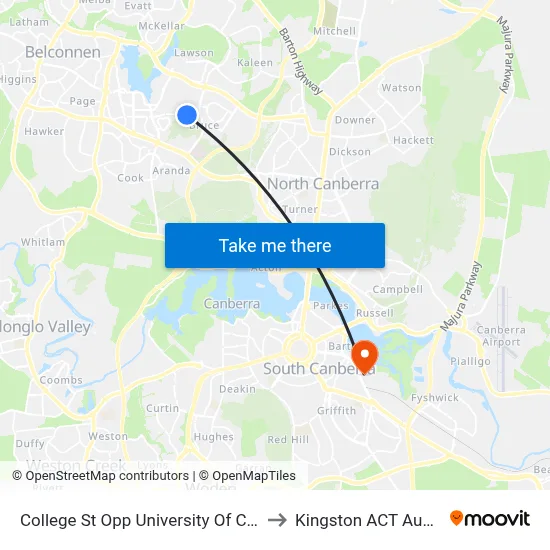 College St Opp University Of Canberra to Kingston ACT Australia map