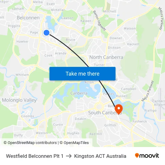 Westfield Belconnen Plt 1 to Kingston ACT Australia map
