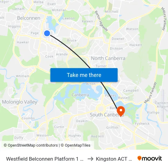 Westfield Belconnen Platform 1 Set Down Only to Kingston ACT Australia map