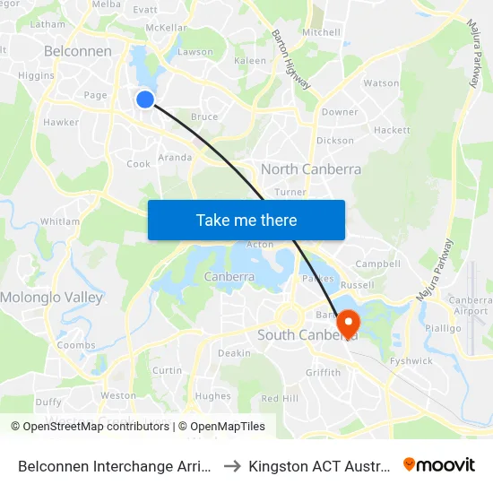 Belconnen Interchange Arrivals to Kingston ACT Australia map