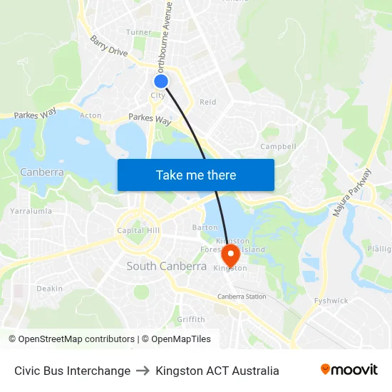 Civic Bus Interchange to Kingston ACT Australia map