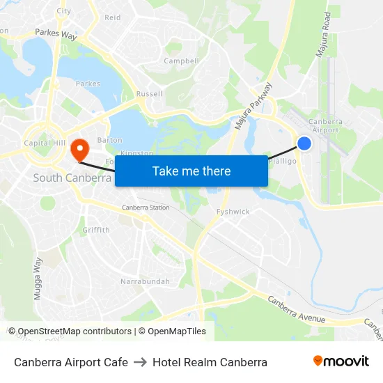 Canberra Airport Cafe to Hotel Realm Canberra map