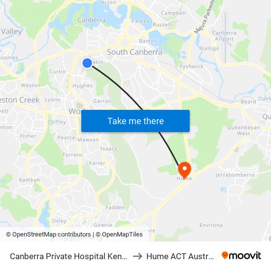 Canberra Private Hospital Kent St to Hume ACT Australia map