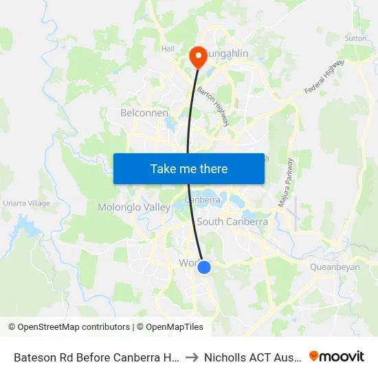 Bateson Rd Before Canberra Hospital to Nicholls ACT Australia map