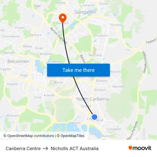 Canberra Centre to Nicholls ACT Australia map