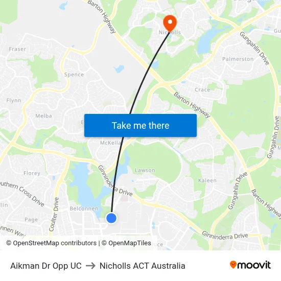 Aikman Dr Opp UC to Nicholls ACT Australia map