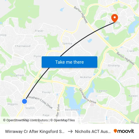 Wirraway Cr After Kingsford Smith Dr to Nicholls ACT Australia map