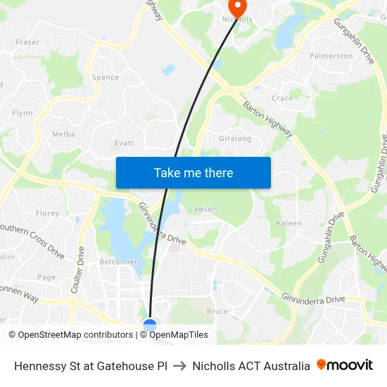 Hennessy St at Gatehouse Pl to Nicholls ACT Australia map