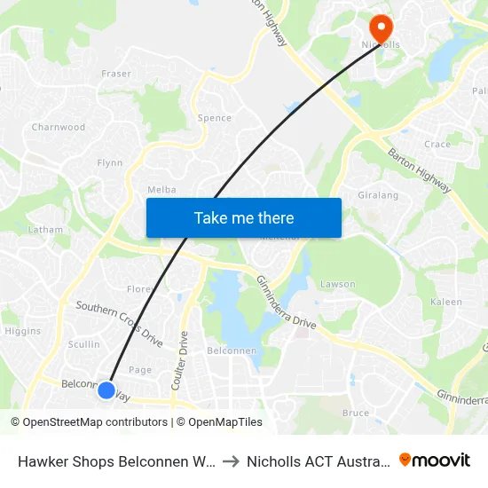 Hawker Shops Belconnen Way to Nicholls ACT Australia map