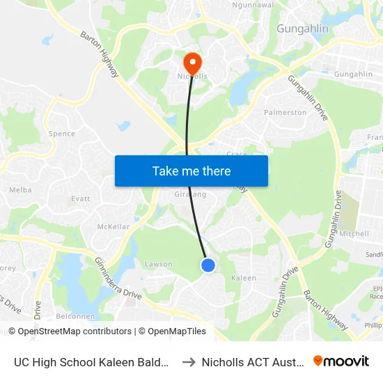 UC High School Kaleen Baldwin Dr to Nicholls ACT Australia map