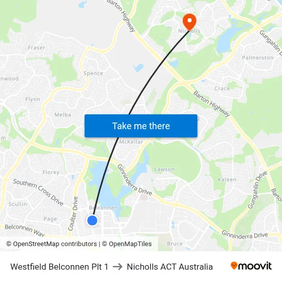 Westfield Belconnen Plt 1 to Nicholls ACT Australia map