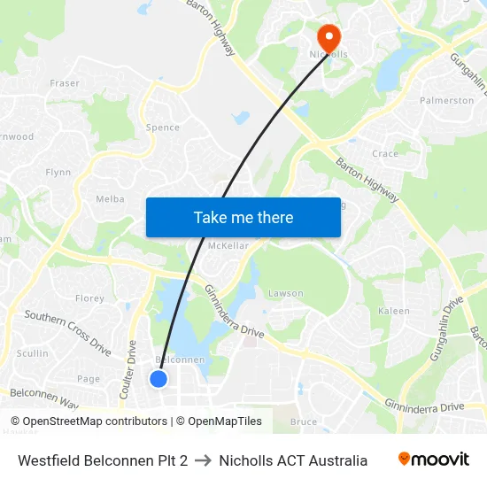 Westfield Belconnen Plt 2 to Nicholls ACT Australia map