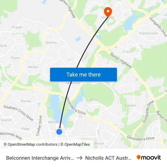 Belconnen Interchange Arrivals to Nicholls ACT Australia map