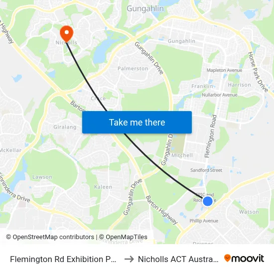 Flemington Rd Exhibition Park to Nicholls ACT Australia map