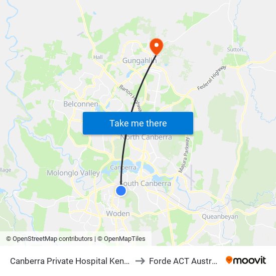 Canberra Private Hospital Kent St to Forde ACT Australia map