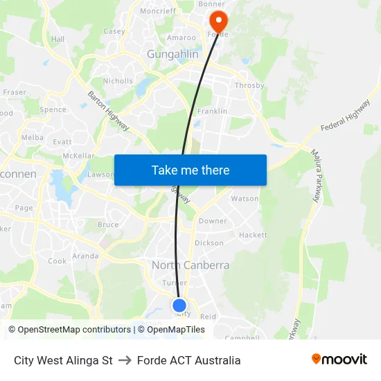 City West Alinga St to Forde ACT Australia map