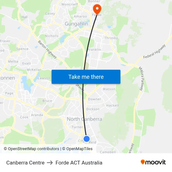 Canberra Centre to Forde ACT Australia map
