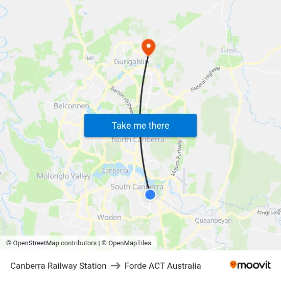 Canberra Railway Station to Forde ACT Australia map