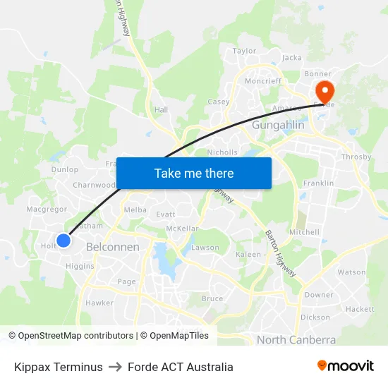 Kippax Terminus to Forde ACT Australia map