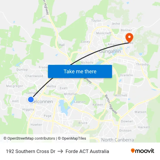 192 Southern Cross Dr to Forde ACT Australia map