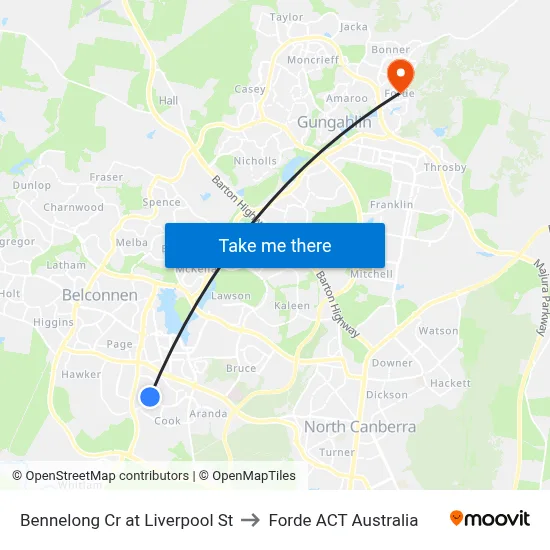 Bennelong Cr at Liverpool St to Forde ACT Australia map