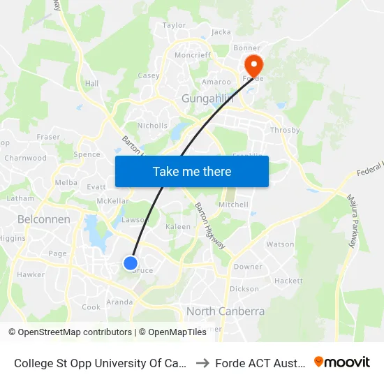 College St Opp University Of Canberra to Forde ACT Australia map