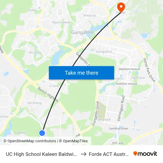 UC High School Kaleen Baldwin Dr to Forde ACT Australia map