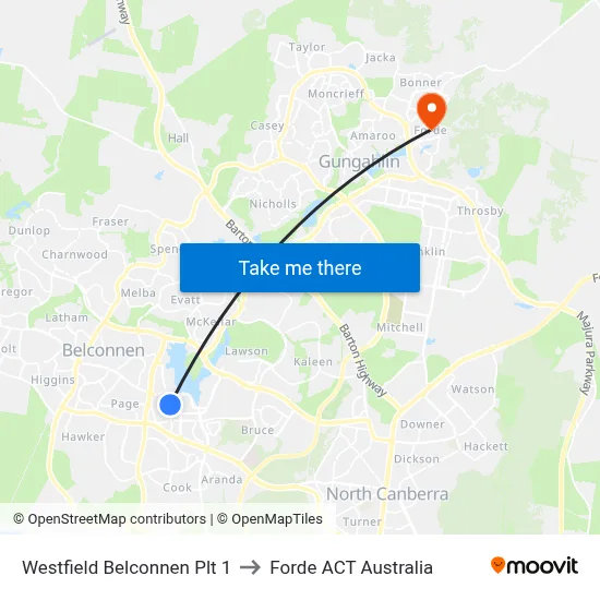 Westfield Belconnen Plt 1 to Forde ACT Australia map