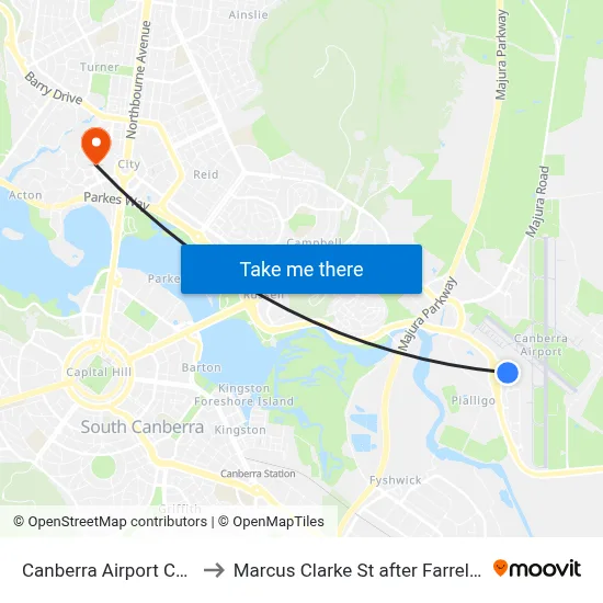 Canberra Airport Cafe to Marcus Clarke St after Farrell Pl map