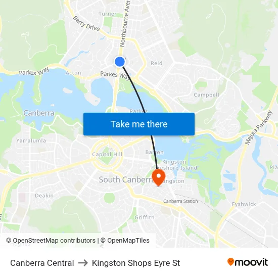 Canberra Central to Kingston Shops Eyre St map
