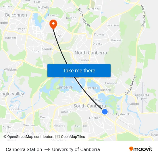 Canberra Station to University of Canberra map