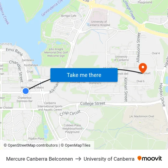 Mercure Canberra Belconnen to University of Canberra map